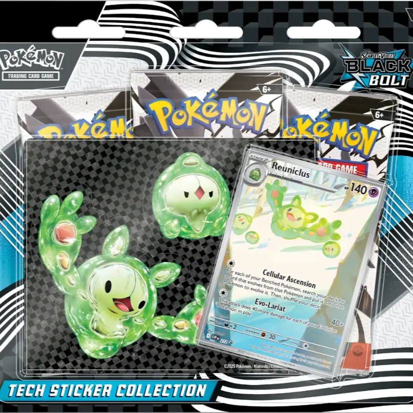 Pokémon trading card game pack with stickers and a card featuring Reuniclus.